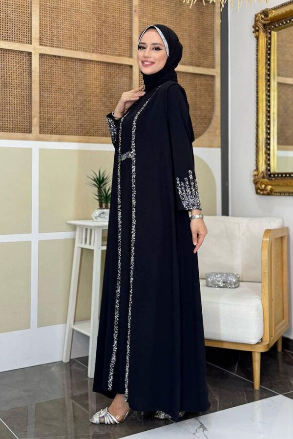 Taş İşleme Detaylı Yelekli Elbise Takım 3838 Siyah - 3