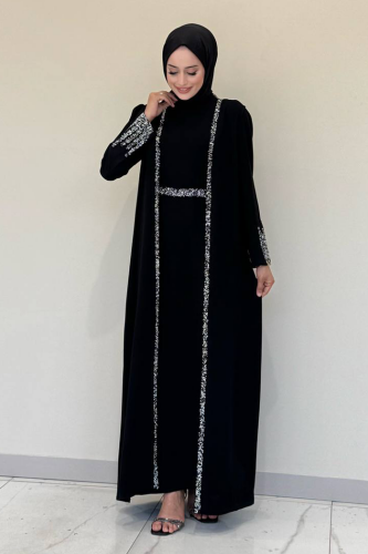 Taş İşleme Detaylı Yelekli Elbise Takım 3838 Siyah 