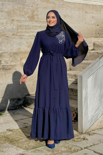 Boydan Düğmeli Omuz Taş İşleme Detaylı Ferace Elbise 3840 Lacivert - Bym Fashion