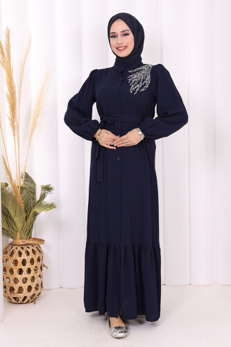 Boydan Düğmeli Omuz Taş İşleme Detaylı Ferace Elbise 3840 Lacivert - 1