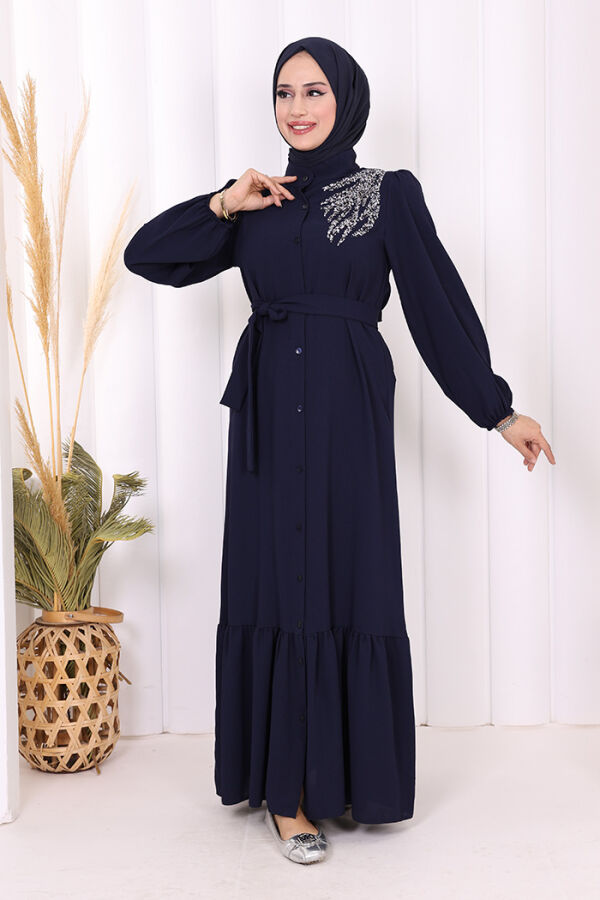 Boydan Düğmeli Omuz Taş İşleme Detaylı Ferace Elbise 3840 Lacivert - 2