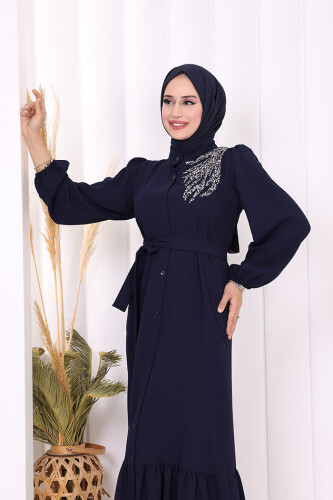 Boydan Düğmeli Omuz Taş İşleme Detaylı Ferace Elbise 3840 Lacivert - 5