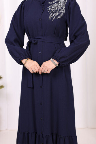 Boydan Düğmeli Omuz Taş İşleme Detaylı Ferace Elbise 3840 Lacivert - 6