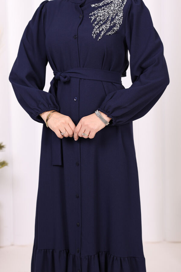 Boydan Düğmeli Omuz Taş İşleme Detaylı Ferace Elbise 3840 Lacivert - 6