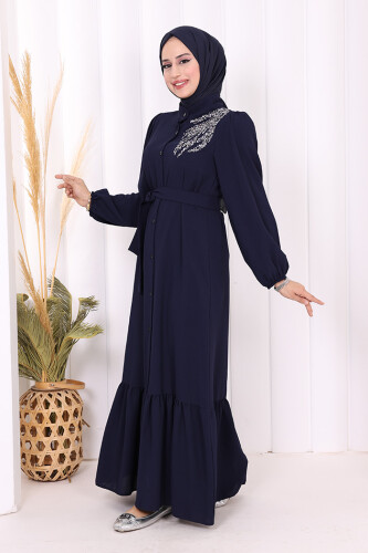 Boydan Düğmeli Omuz Taş İşleme Detaylı Ferace Elbise 3840 Lacivert - 3