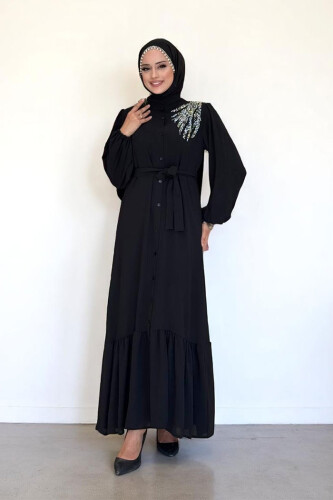 Boydan Düğmeli Omuz Taş İşleme Detaylı Ferace Elbise 3840 Siyah - Bym Fashion