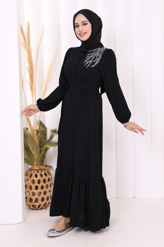 Boydan Düğmeli Omuz Taş İşleme Detaylı Ferace Elbise 3840 Siyah - 3