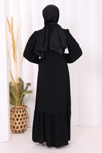 Boydan Düğmeli Omuz Taş İşleme Detaylı Ferace Elbise 3840 Siyah - 4