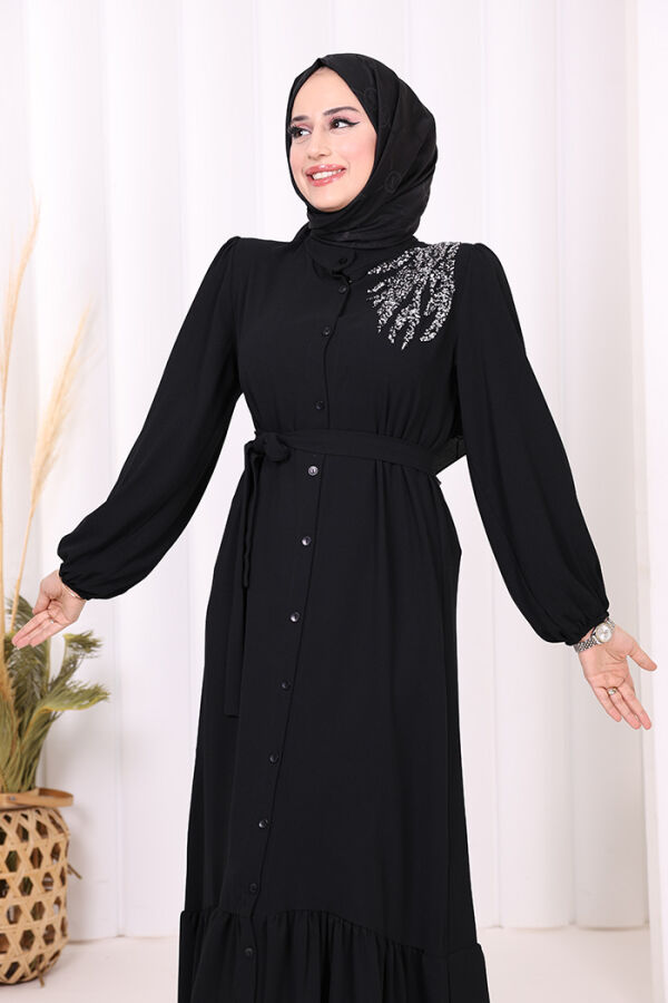 Boydan Düğmeli Omuz Taş İşleme Detaylı Ferace Elbise 3840 Siyah - 5