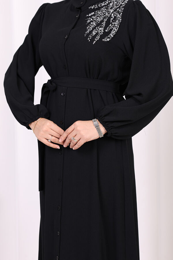 Boydan Düğmeli Omuz Taş İşleme Detaylı Ferace Elbise 3840 Siyah - 6
