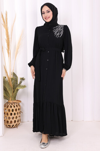 Boydan Düğmeli Omuz Taş İşleme Detaylı Ferace Elbise 3840 Siyah 