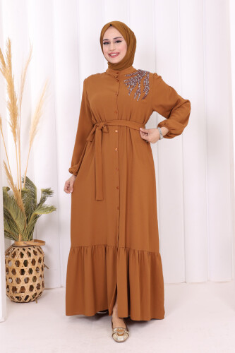 Boydan Düğmeli Omuz Taş İşleme Detaylı Ferace Elbise 3840 Taba