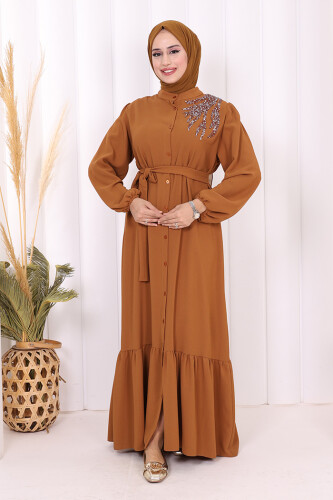 Boydan Düğmeli Omuz Taş İşleme Detaylı Ferace Elbise 3840 Taba - 2