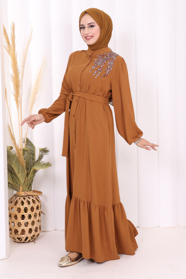 Boydan Düğmeli Omuz Taş İşleme Detaylı Ferace Elbise 3840 Taba - 3