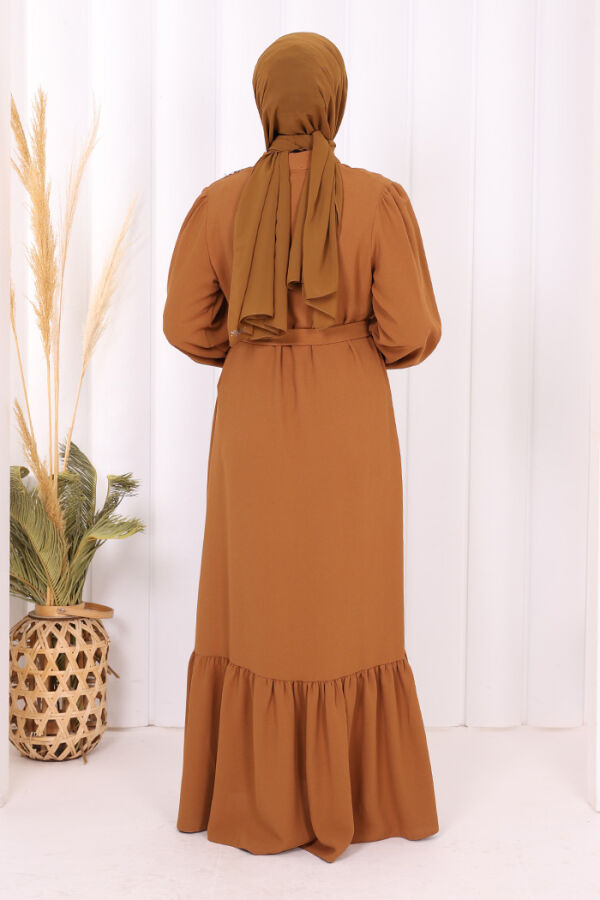 Boydan Düğmeli Omuz Taş İşleme Detaylı Ferace Elbise 3840 Taba - 4