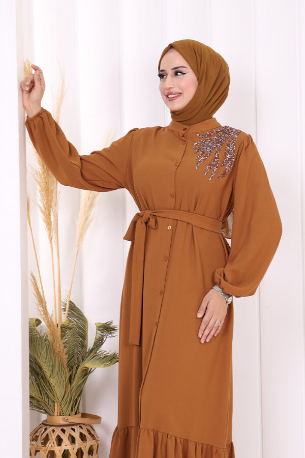 Boydan Düğmeli Omuz Taş İşleme Detaylı Ferace Elbise 3840 Taba - 5