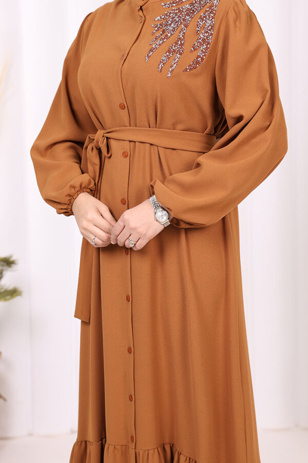 Boydan Düğmeli Omuz Taş İşleme Detaylı Ferace Elbise 3840 Taba - 6