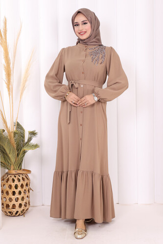 Boydan Düğmeli Omuz Taş İşleme Detaylı Ferace Elbise 3840 Vizon