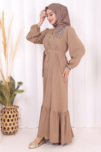 Boydan Düğmeli Omuz Taş İşleme Detaylı Ferace Elbise 3840 Vizon - 2