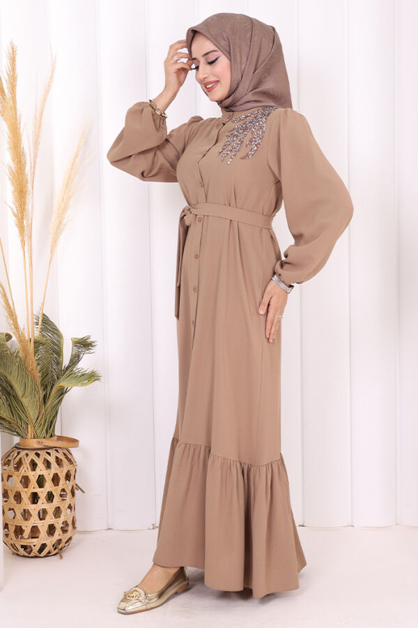 Boydan Düğmeli Omuz Taş İşleme Detaylı Ferace Elbise 3840 Vizon - 2