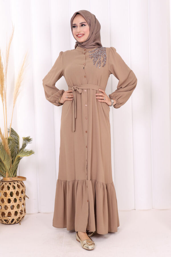 Boydan Düğmeli Omuz Taş İşleme Detaylı Ferace Elbise 3840 Vizon - 3