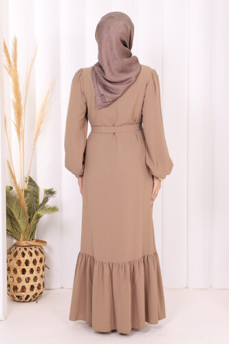 Boydan Düğmeli Omuz Taş İşleme Detaylı Ferace Elbise 3840 Vizon - 4