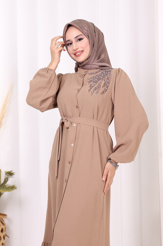 Boydan Düğmeli Omuz Taş İşleme Detaylı Ferace Elbise 3840 Vizon - 5