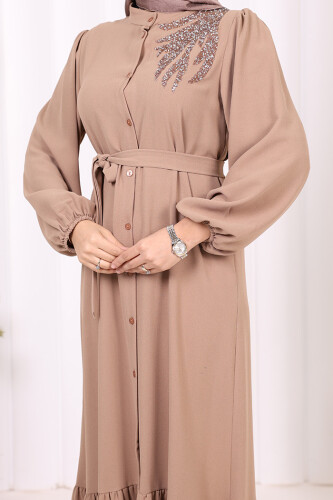 Boydan Düğmeli Omuz Taş İşleme Detaylı Ferace Elbise 3840 Vizon - 6