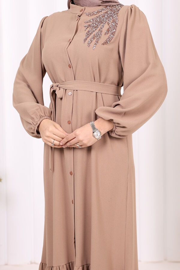 Boydan Düğmeli Omuz Taş İşleme Detaylı Ferace Elbise 3840 Vizon - 6