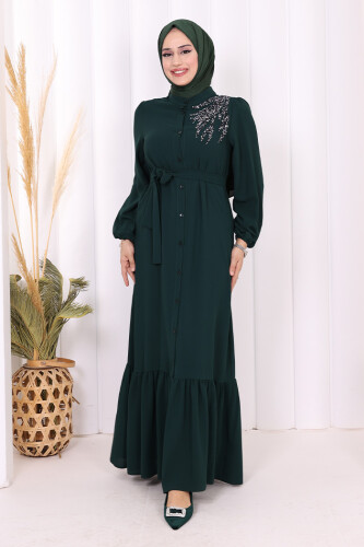 Boydan Düğmeli Omuz Taş İşleme Detaylı Ferace Elbise 3840 Zümrüt