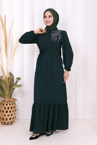 Boydan Düğmeli Omuz Taş İşleme Detaylı Ferace Elbise 3840 Zümrüt - 2
