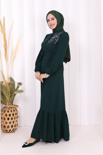 Boydan Düğmeli Omuz Taş İşleme Detaylı Ferace Elbise 3840 Zümrüt - 3