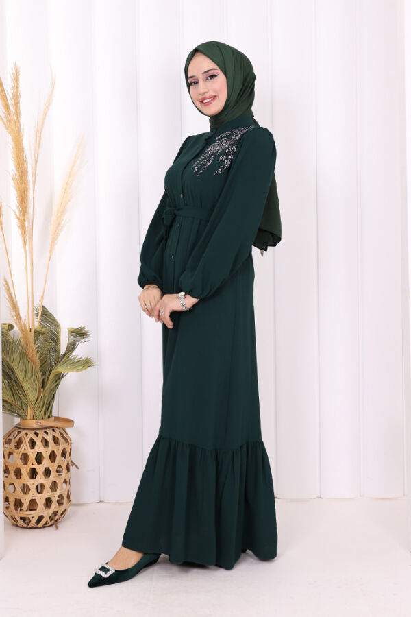 Boydan Düğmeli Omuz Taş İşleme Detaylı Ferace Elbise 3840 Zümrüt - 3