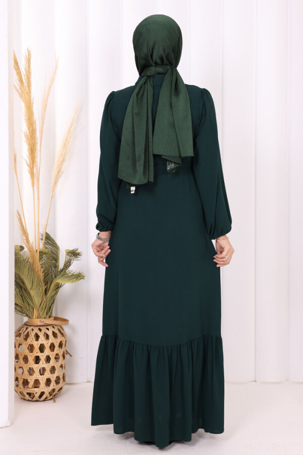 Boydan Düğmeli Omuz Taş İşleme Detaylı Ferace Elbise 3840 Zümrüt - 4