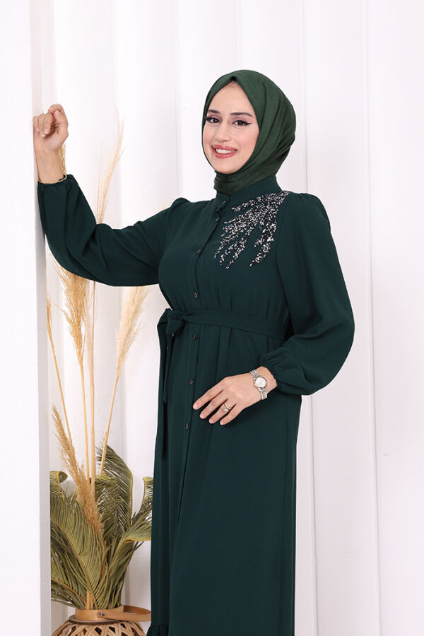 Boydan Düğmeli Omuz Taş İşleme Detaylı Ferace Elbise 3840 Zümrüt - 5