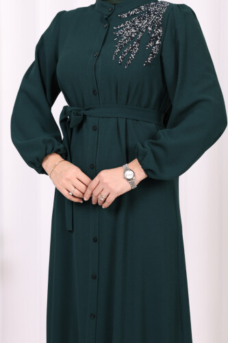 Boydan Düğmeli Omuz Taş İşleme Detaylı Ferace Elbise 3840 Zümrüt - 6