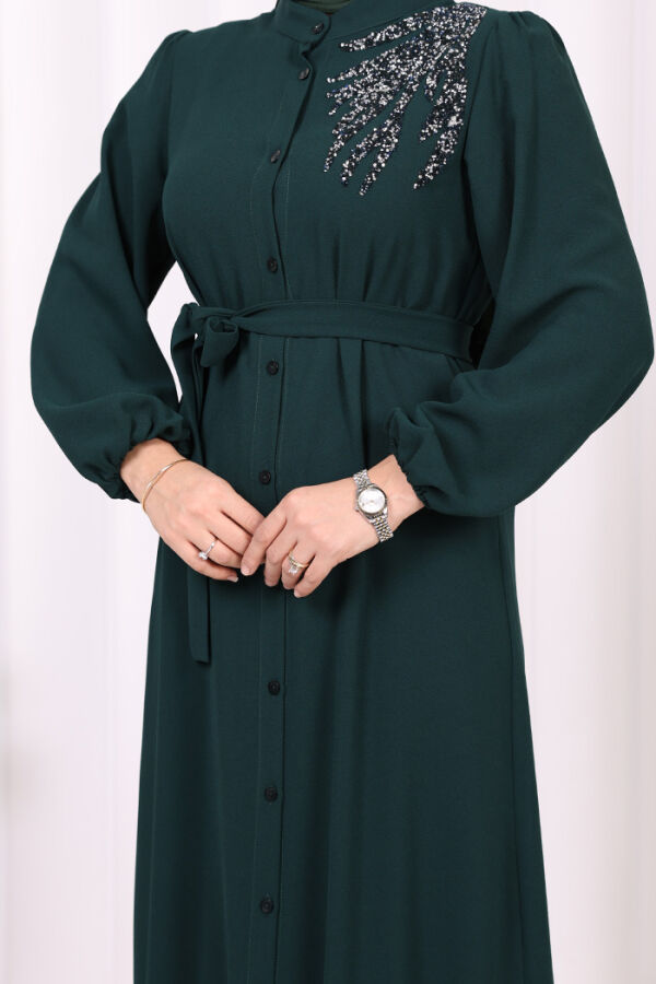 Boydan Düğmeli Omuz Taş İşleme Detaylı Ferace Elbise 3840 Zümrüt - 6