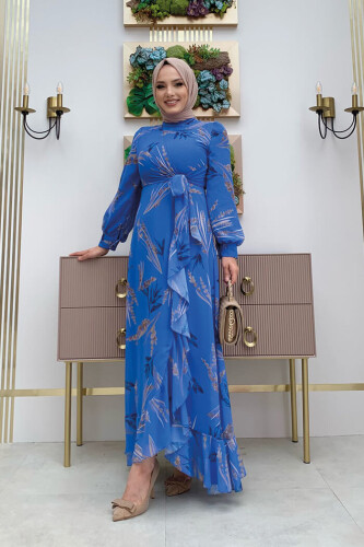 Yaprak Desen Fırfır Detay Şifon Elbise 3842 Mavi - Bym Fashion