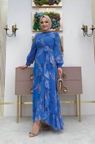 Yaprak Desen Fırfır Detay Şifon Elbise 3842 Mavi - Bym Fashion