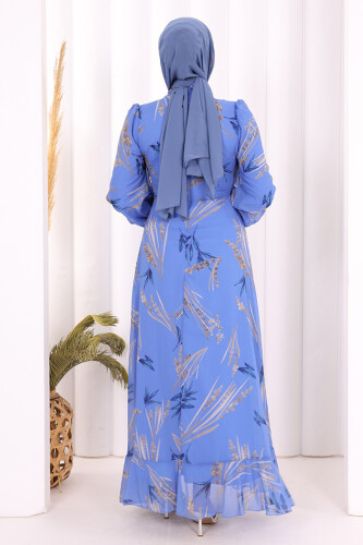 Yaprak Desen Fırfır Detay Şifon Elbise 3842 Mavi - 4