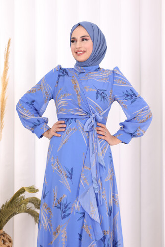 Yaprak Desen Fırfır Detay Şifon Elbise 3842 Mavi - 5