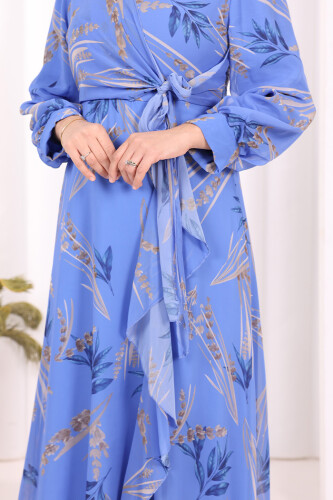 Yaprak Desen Fırfır Detay Şifon Elbise 3842 Mavi - 6