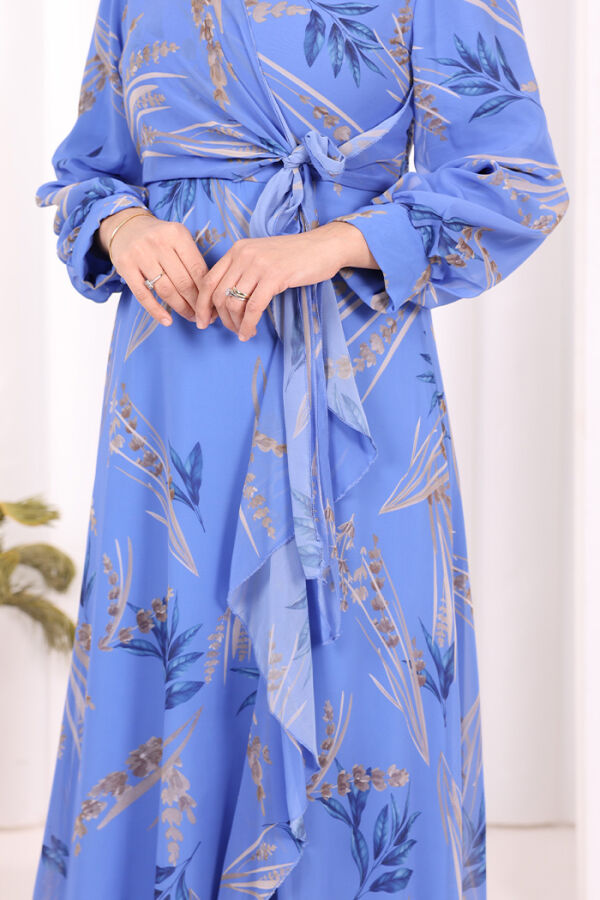 Yaprak Desen Fırfır Detay Şifon Elbise 3842 Mavi - 6