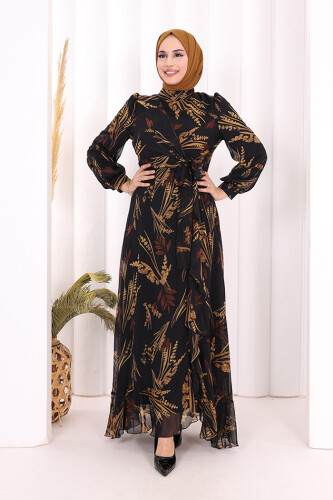 Yaprak Desen Fırfır Detay Şifon Elbise 3842 Siyah 