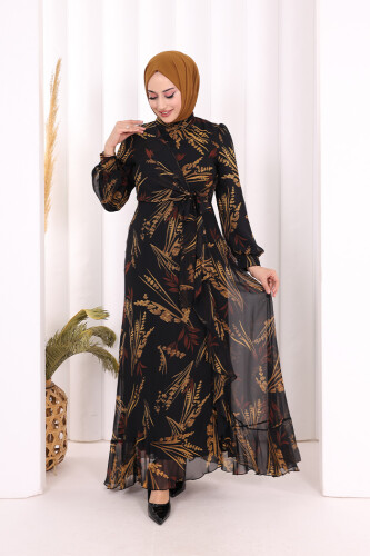 Yaprak Desen Fırfır Detay Şifon Elbise 3842 Siyah - 2