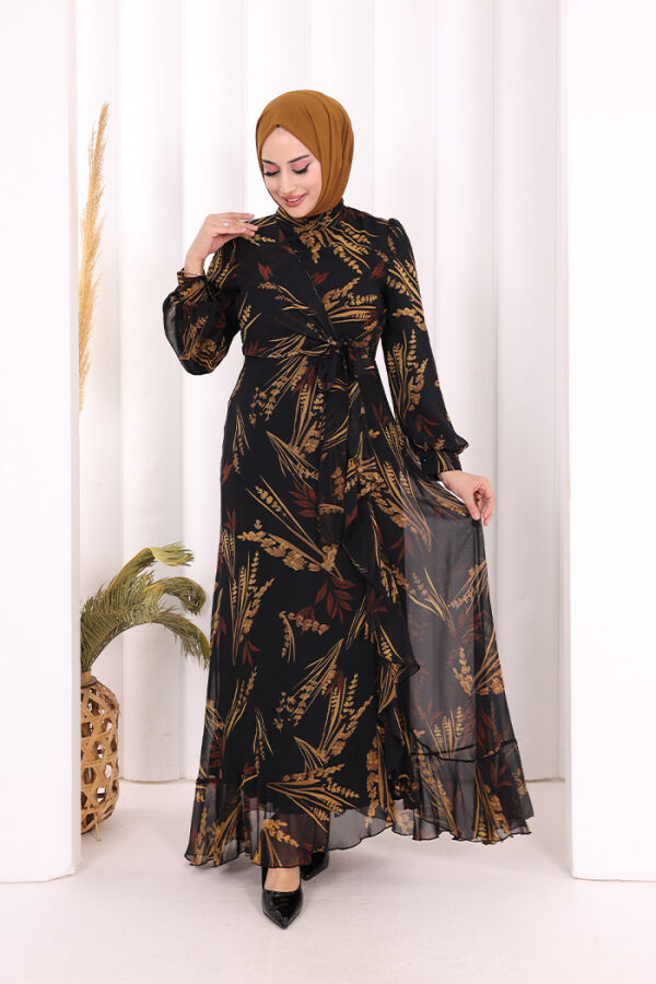 Yaprak Desen Fırfır Detay Şifon Elbise 3842 Siyah - 2