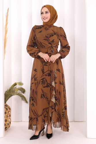 Yaprak Desen Fırfır Detay Şifon Elbise 3842 Taba 