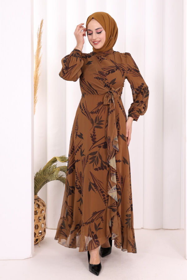 Yaprak Desen Fırfır Detay Şifon Elbise 3842 Taba - 2