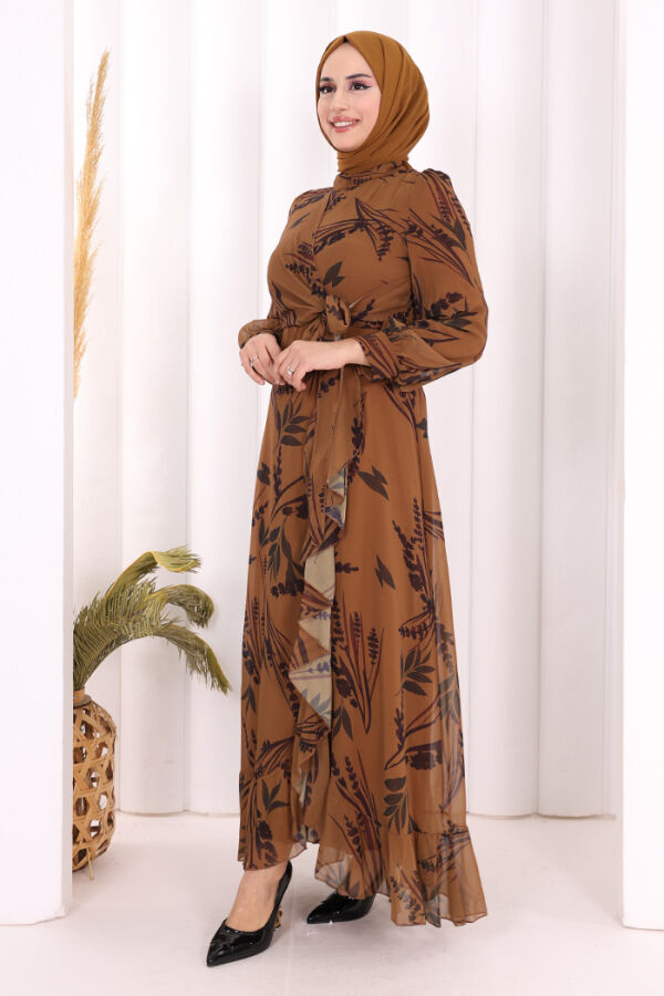 Yaprak Desen Fırfır Detay Şifon Elbise 3842 Taba - 3