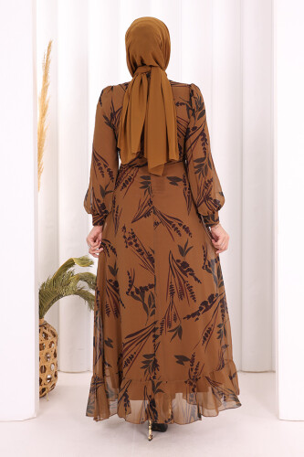 Yaprak Desen Fırfır Detay Şifon Elbise 3842 Taba - 4